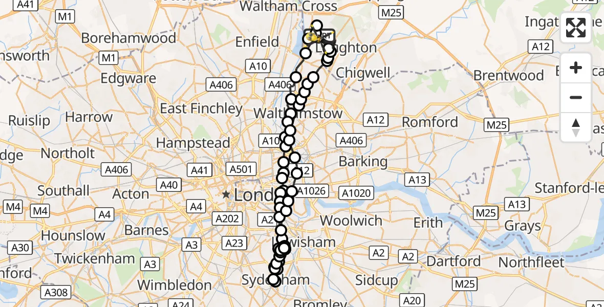 Flight route Police Helicopter Metropolitan Police Air Support Unit Lippitts Hill - Metropolitan Police Air Support Unit Lippitts Hill, 07 September 2026, 23:43