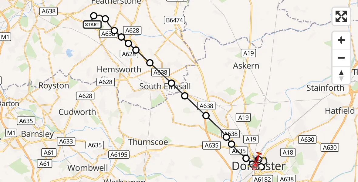 Flight route Air Ambulance Helicopter YAA Nostell Helicopter Port - Hexthorpe, 08 September 2026, 07:08