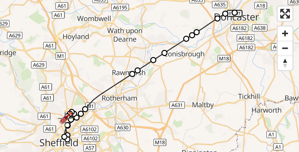 Flight route Air Ambulance Helicopter Hexthorpe - Sheffield Northern Hospital, 08 September 2026, 07:40