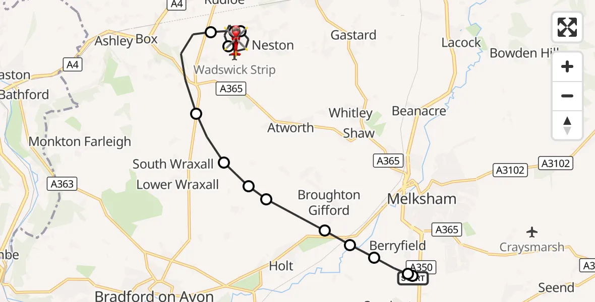 Flight route Air Ambulance Helicopter Wiltshire Air Ambulance - Neston, 08 September 2026, 07:45