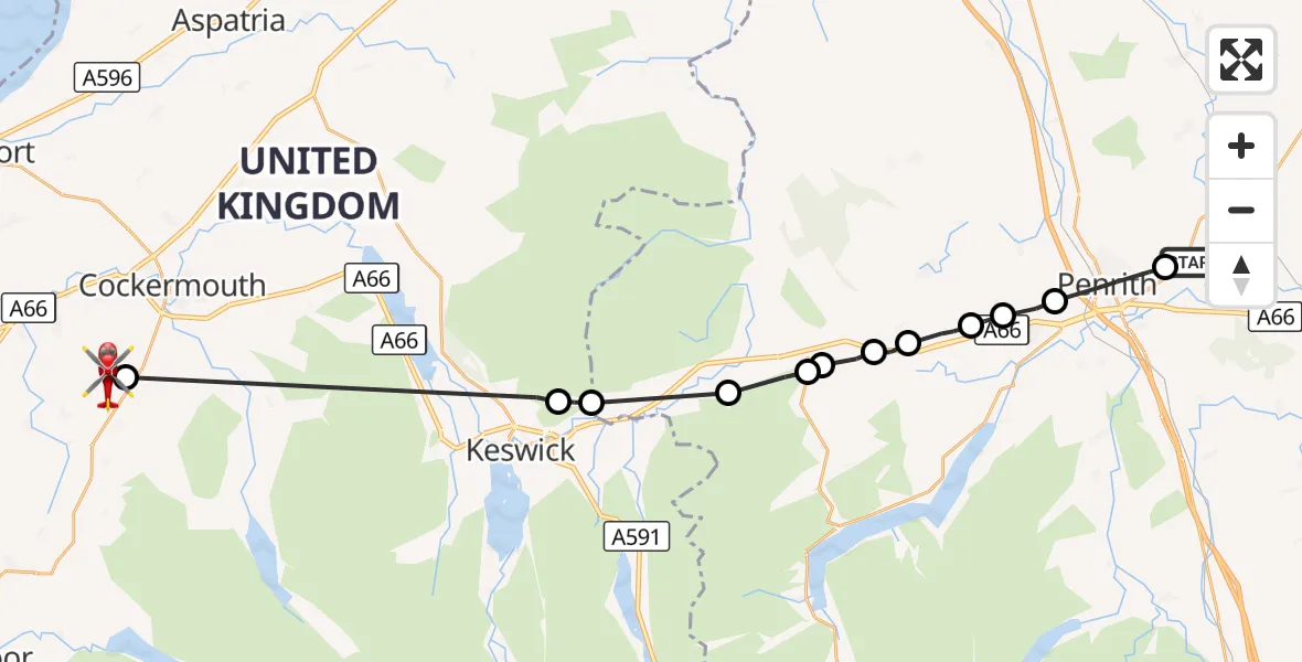 Flight route Air Ambulance Helicopter Edenhall - Deanscales, 08 September 2026, 07:57
