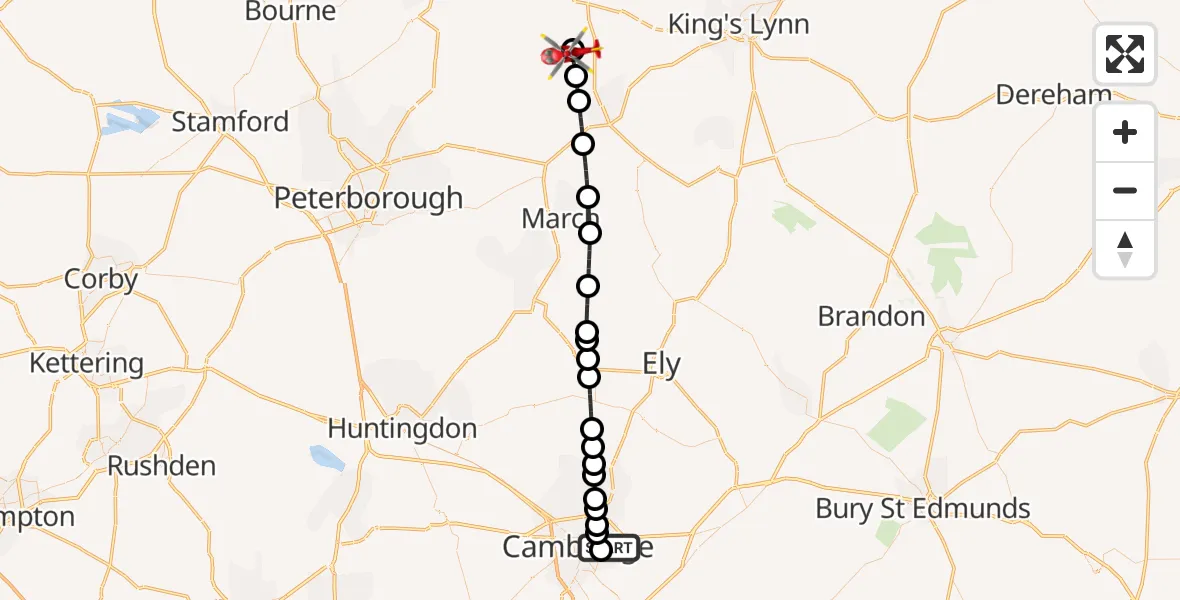 Flight route Air Ambulance Helicopter Cambridge City Airport - Tydd St Giles, 08 September 2026, 08:00