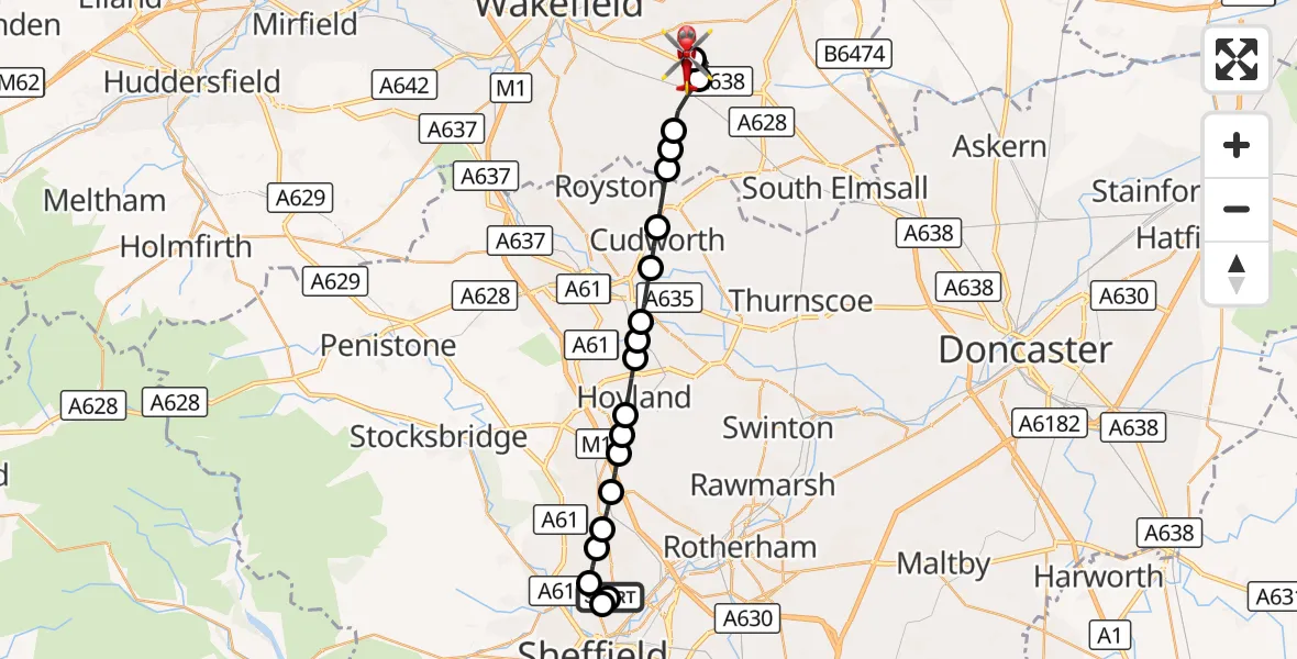 Flight route Air Ambulance Helicopter Sheffield Northern Hospital - YAA Nostell Helicopter Port, 08 September 2026, 08:11