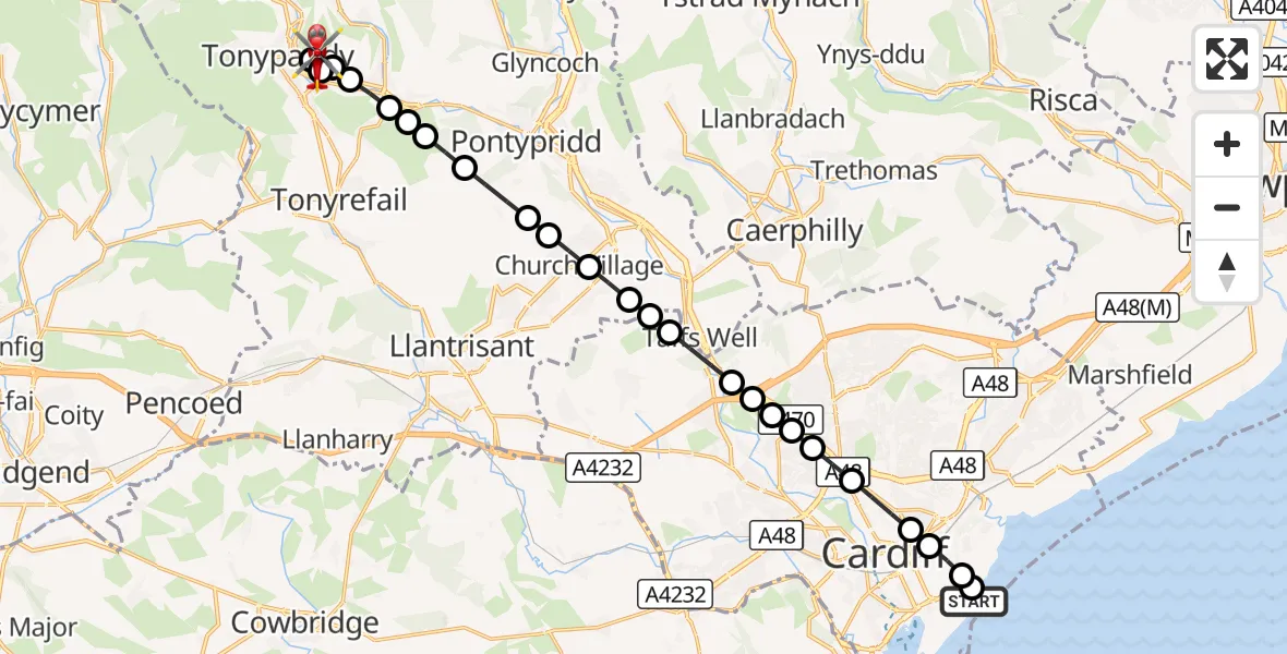 Flight route Air Ambulance Helicopter Cardiff Heliport - Dinas, 08 September 2026, 08:43