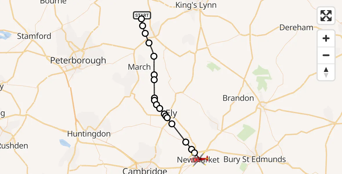 Flight route Air Ambulance Helicopter Tydd St Giles - Newmarket, 08 September 2026, 08:53