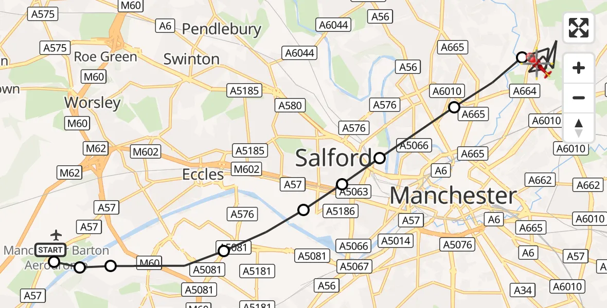 Flight route Air Ambulance Helicopter Manchester Barton Aerodrome - Harpurhey, 08 September 2026, 09:24