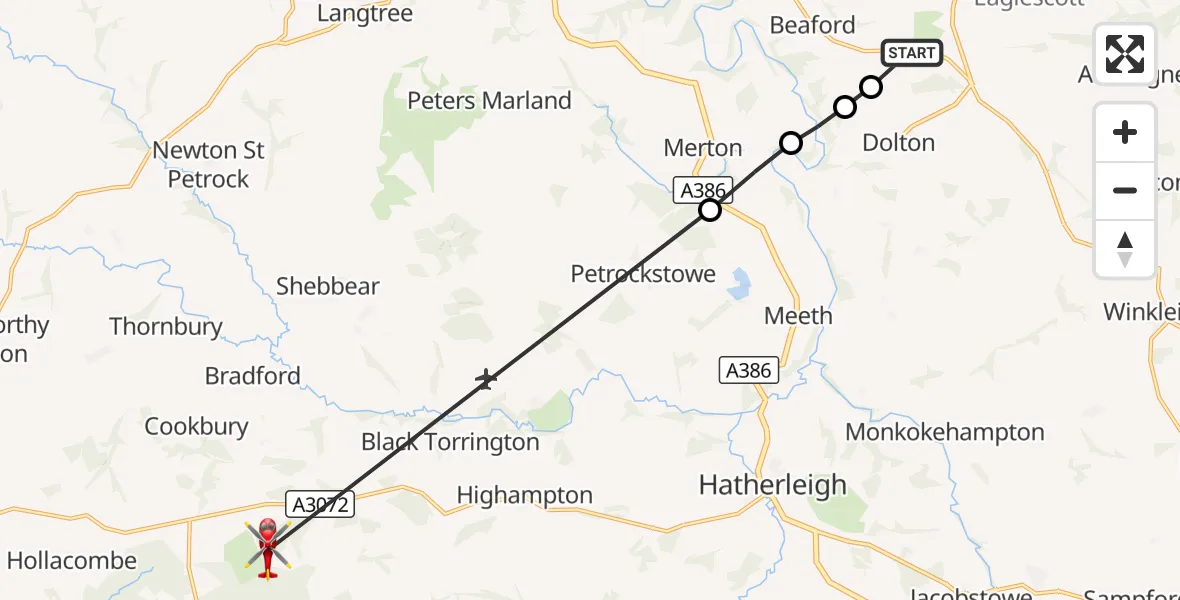Flight route Air Ambulance Helicopter Beaford - Torridge, 08 September 2026, 09:44
