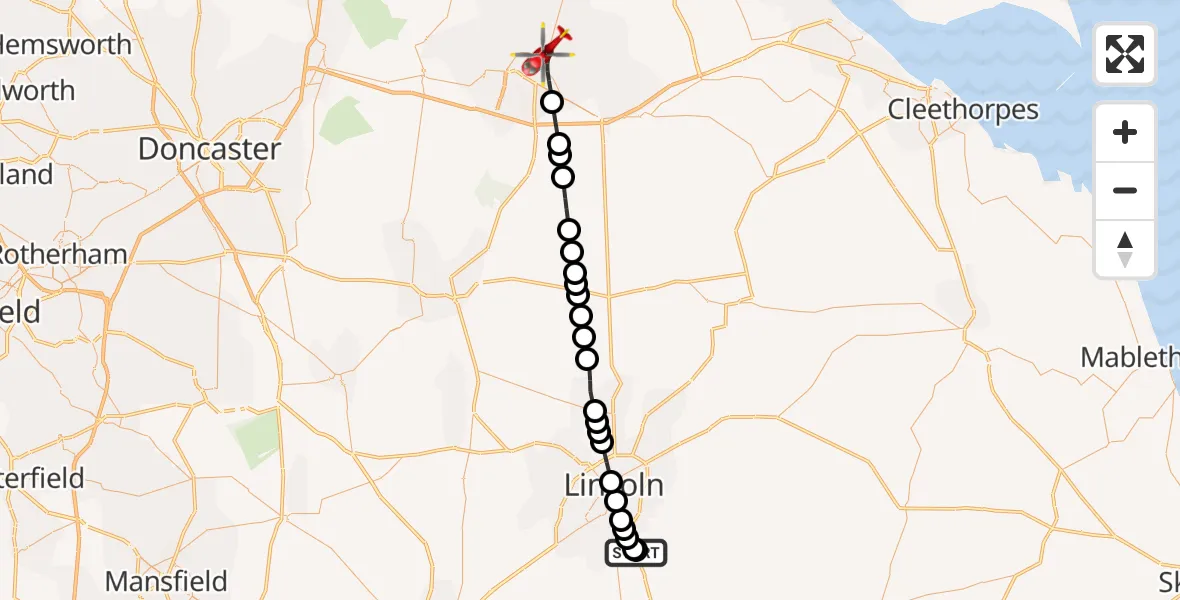 Flight route Air Ambulance Helicopter RAF Waddington - Scunthorpe, 08 September 2026, 09:58