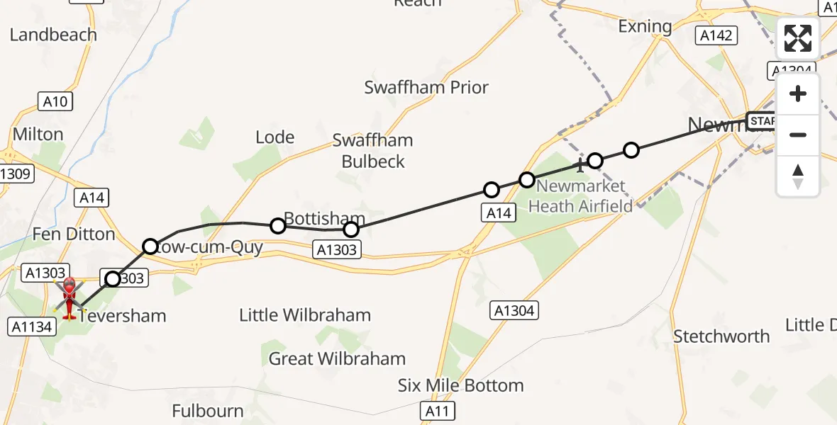 Flight route Air Ambulance Helicopter Newmarket - Cambridge City Airport, 08 September 2026, 09:59