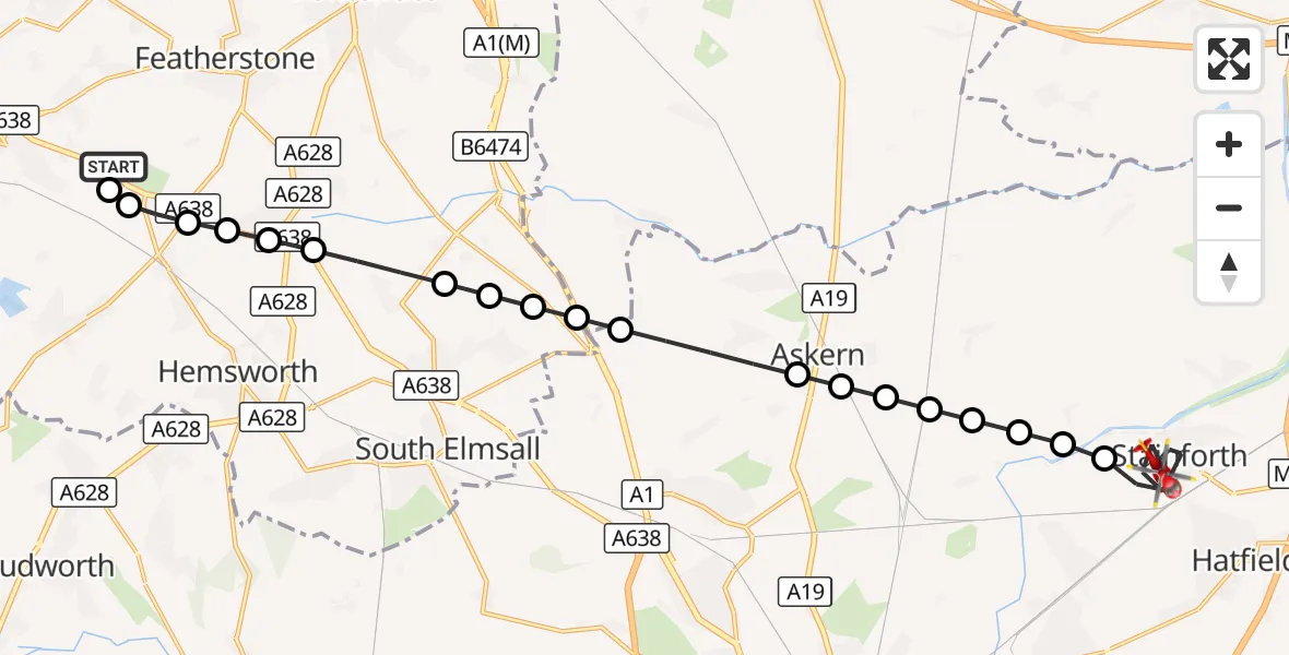 Flight route Air Ambulance Helicopter YAA Nostell Helicopter Port - Stainforth, 08 September 2026, 10:13