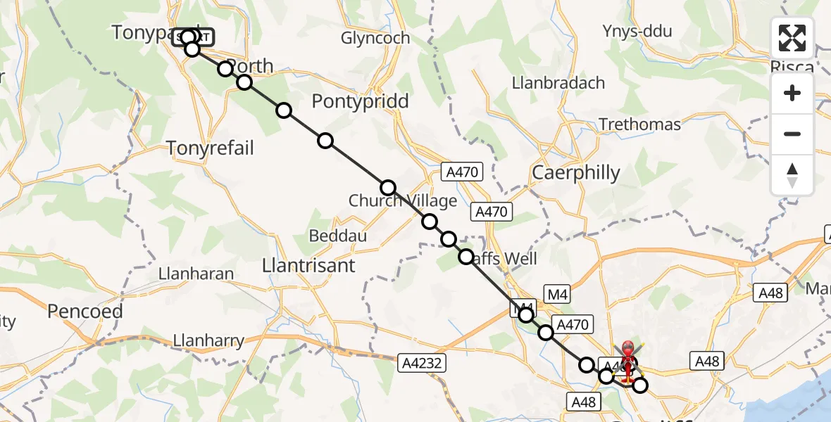 Flight route Air Ambulance Helicopter Tonypandy - Gabalfa, 08 September 2026, 10:25