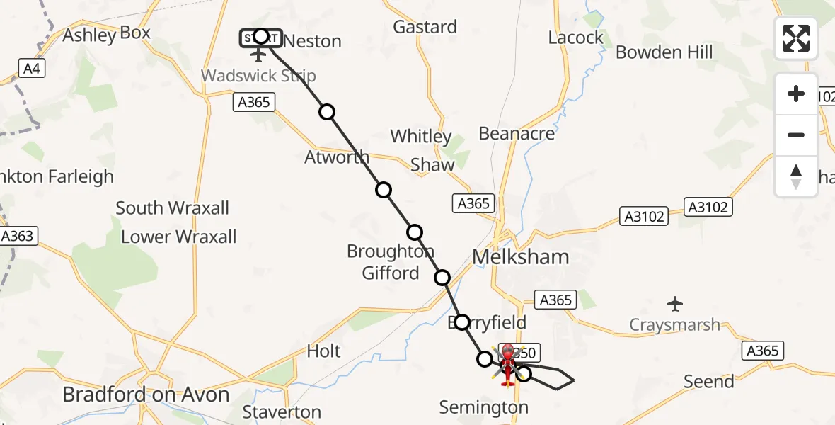 Flight route Air Ambulance Helicopter Wadswick Farm Airstrip - Wiltshire Air Ambulance, 08 September 2026, 10:28