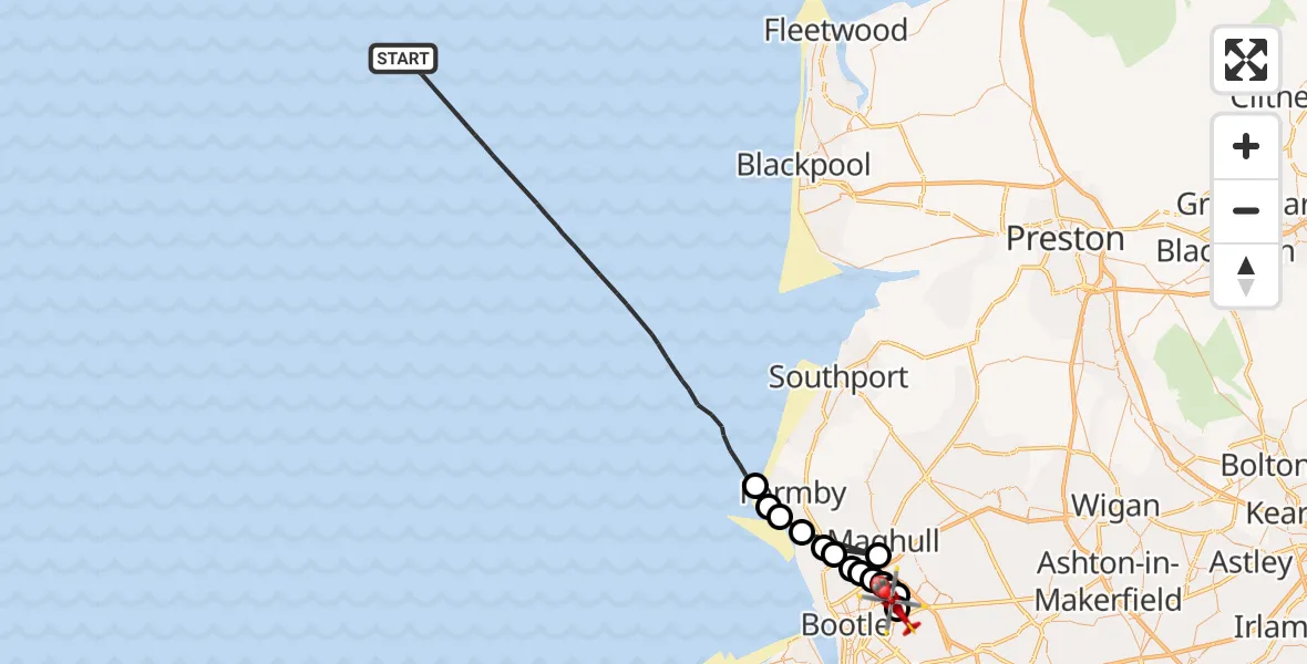 Flight route Air Ambulance Helicopter Irish Sea - Aintree University Hospital Heliport, 08 September 2026, 10:30