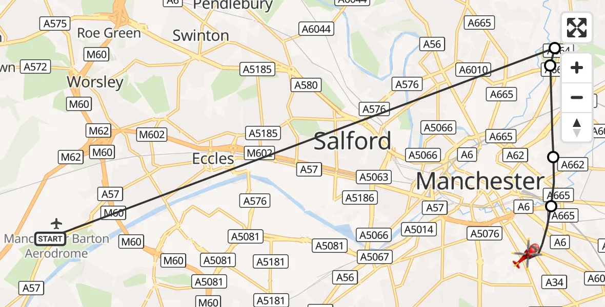 Flight route Air Ambulance Helicopter Manchester Barton Aerodrome - Chorlton-on-Medlock, 08 September 2026, 10:45