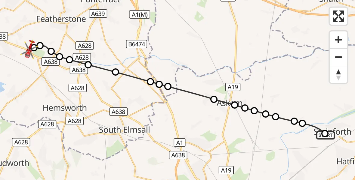 Flight route Air Ambulance Helicopter Stainforth - YAA Nostell Helicopter Port, 08 September 2026, 10:55