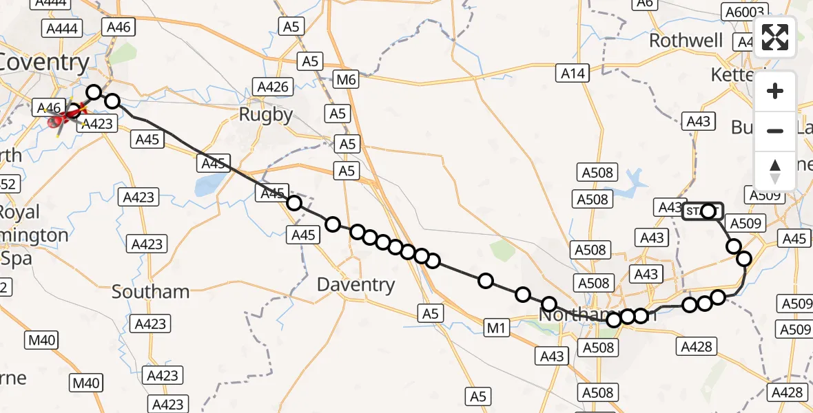 Flight route Air Ambulance Helicopter Sywell Aerodrome - Coventry Airport, 08 September 2026, 11:00