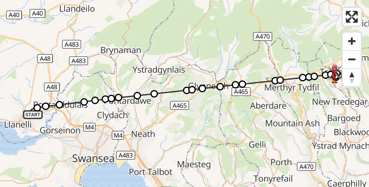 Flight route Air Ambulance Helicopter Dafen - Rhymney, 08 September 2026, 11:21