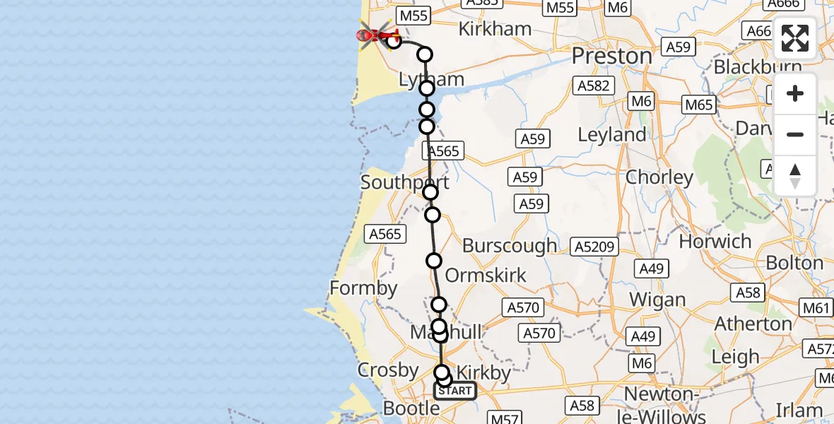 Flight route Air Ambulance Helicopter Aintree University Hospital Heliport - Blackpool Airport, 08 September 2026, 11:28