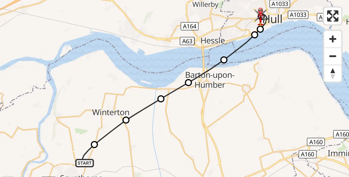 Flight route Air Ambulance Helicopter Scunthorpe - Hull Royal Infirmary, 08 September 2026, 11:42