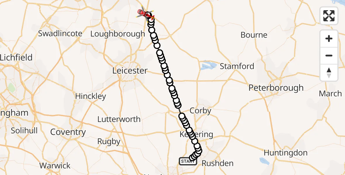 Flight route Air Ambulance Helicopter Mears Ashby - Nottingham Heliport, 08 September 2026, 12:02