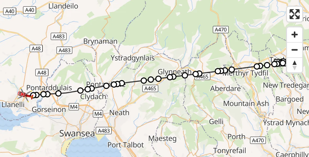 Flight route Air Ambulance Helicopter Tredegar - Dafen, 08 September 2026, 12:15