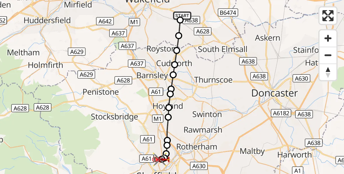 Flight route Air Ambulance Helicopter YAA Nostell Helicopter Port - Sheffield Northern Hospital, 08 September 2026, 12:22