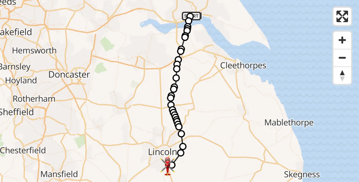 Flight route Air Ambulance Helicopter Hull Royal Infirmary - North Kesteven, 08 September 2026, 12:36