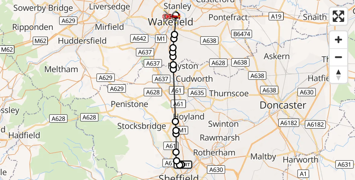 Flight route Air Ambulance Helicopter Sheffield Northern Hospital - Stanley, 08 September 2026, 12:39