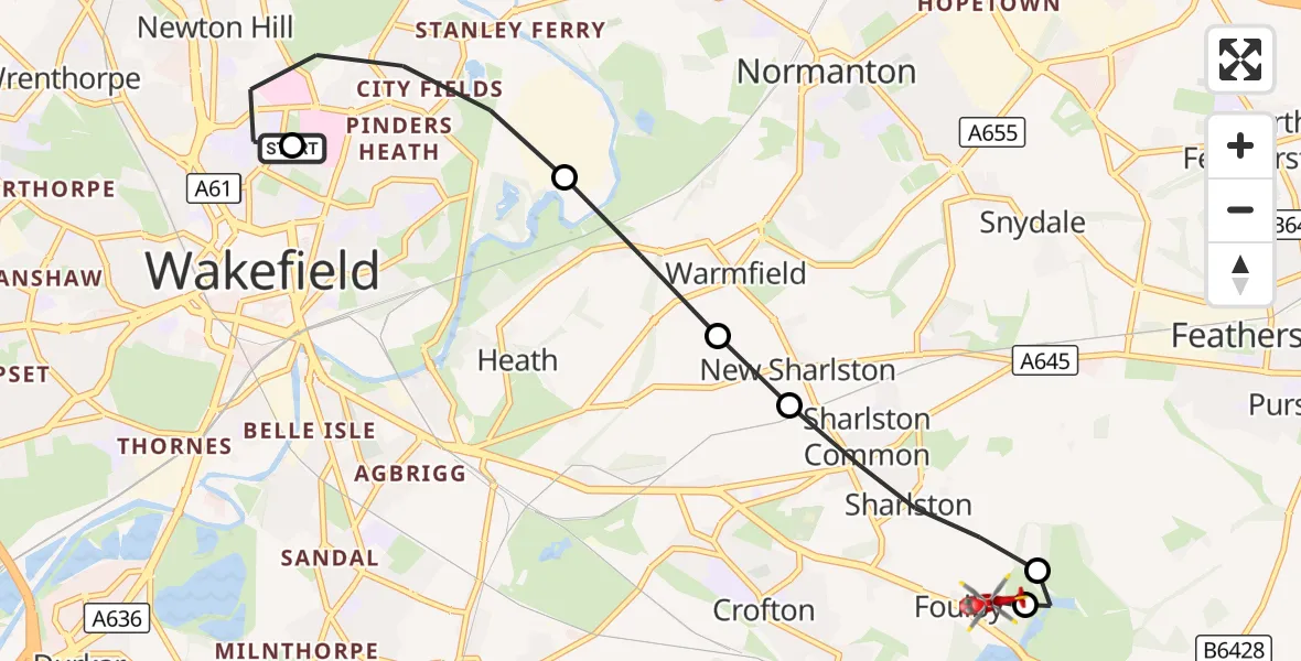Flight route Air Ambulance Helicopter Newton Hill - YAA Nostell Helicopter Port, 08 September 2026, 13:02