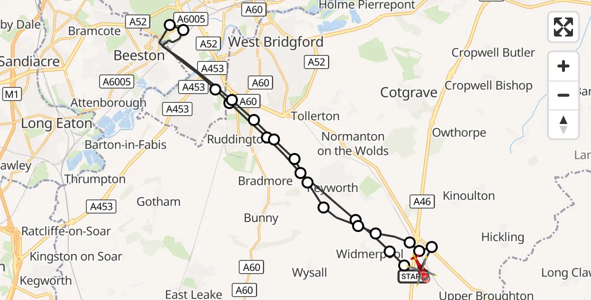 Flight route Air Ambulance Helicopter Nottingham Heliport - Nottingham Heliport, 08 September 2026, 13:05
