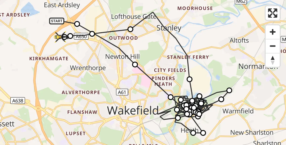 Flight route Police Helicopter East Ardsley - Ossett, 08 September 2026, 13:13