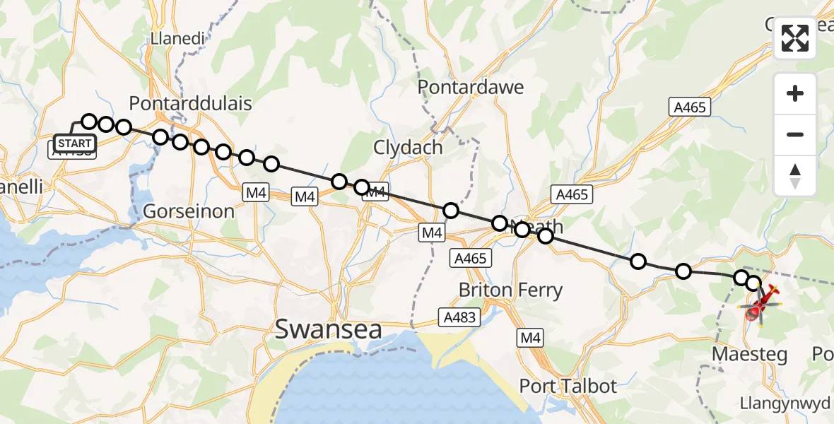 Flight route Air Ambulance Helicopter Dafen - Caerau, 08 September 2026, 13:25