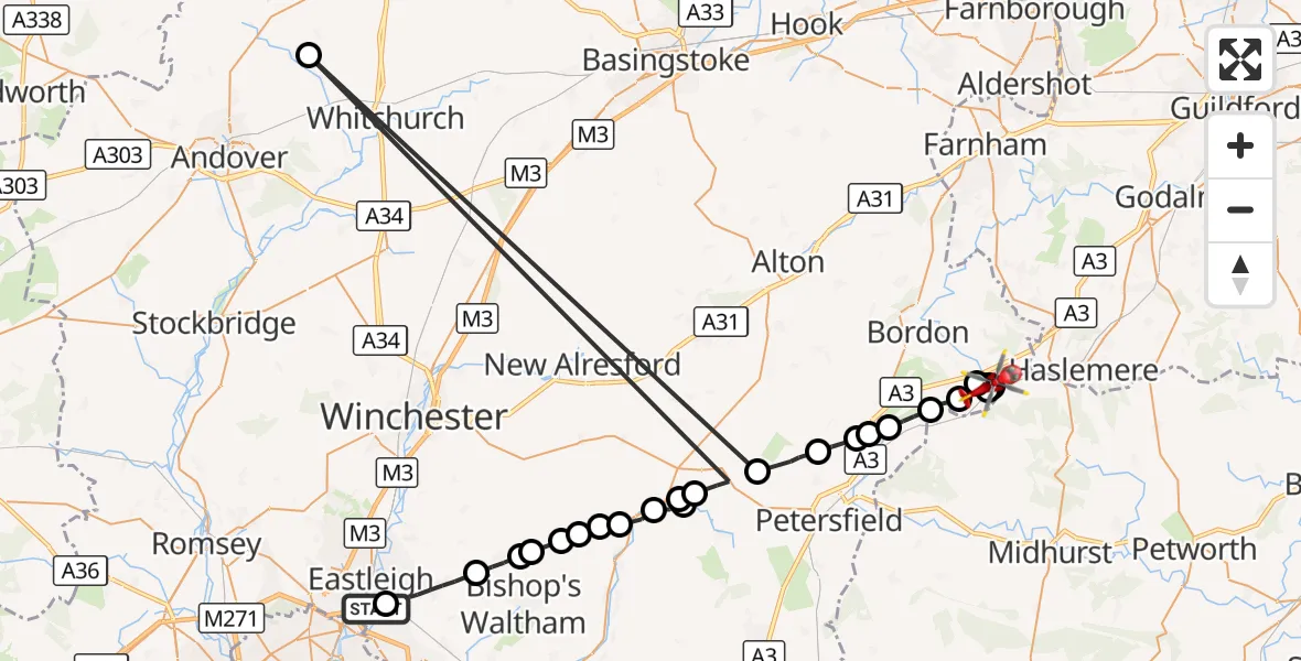 Flight route Air Ambulance Helicopter Southampton Airport - Bramshott, 08 September 2026, 13:31