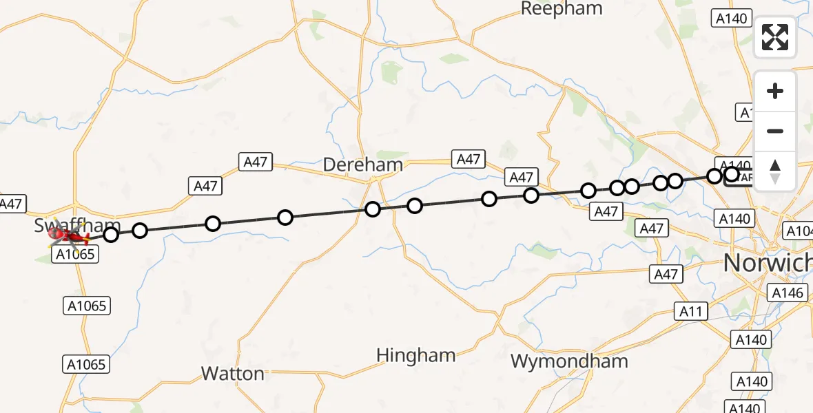 Flight route Air Ambulance Helicopter Norwich Airport - Swaffham, 08 September 2026, 13:53