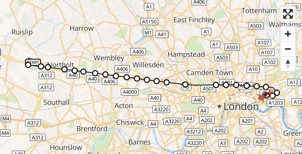 Flight route Air Ambulance Helicopter RAF Northolt - Royal London Hospital, 08 September 2026, 13:55
