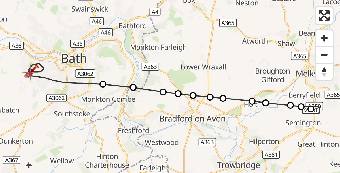 Flight route Air Ambulance Helicopter Wiltshire Air Ambulance - Bath, 08 September 2026, 14:05
