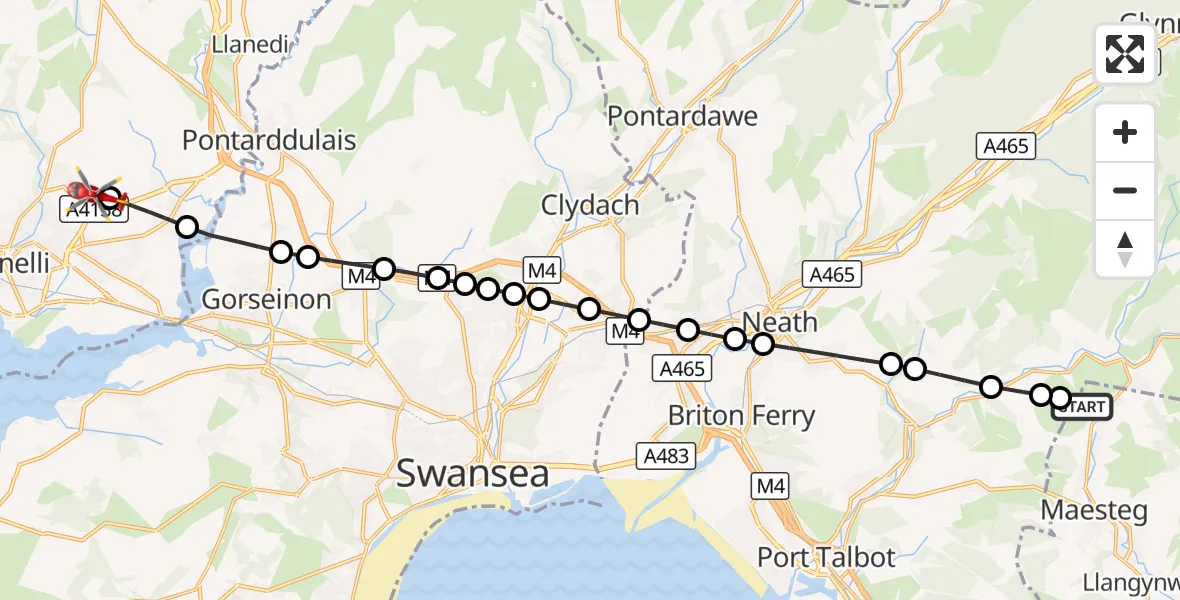 Flight route Air Ambulance Helicopter Caerau - Dafen, 08 September 2026, 14:13