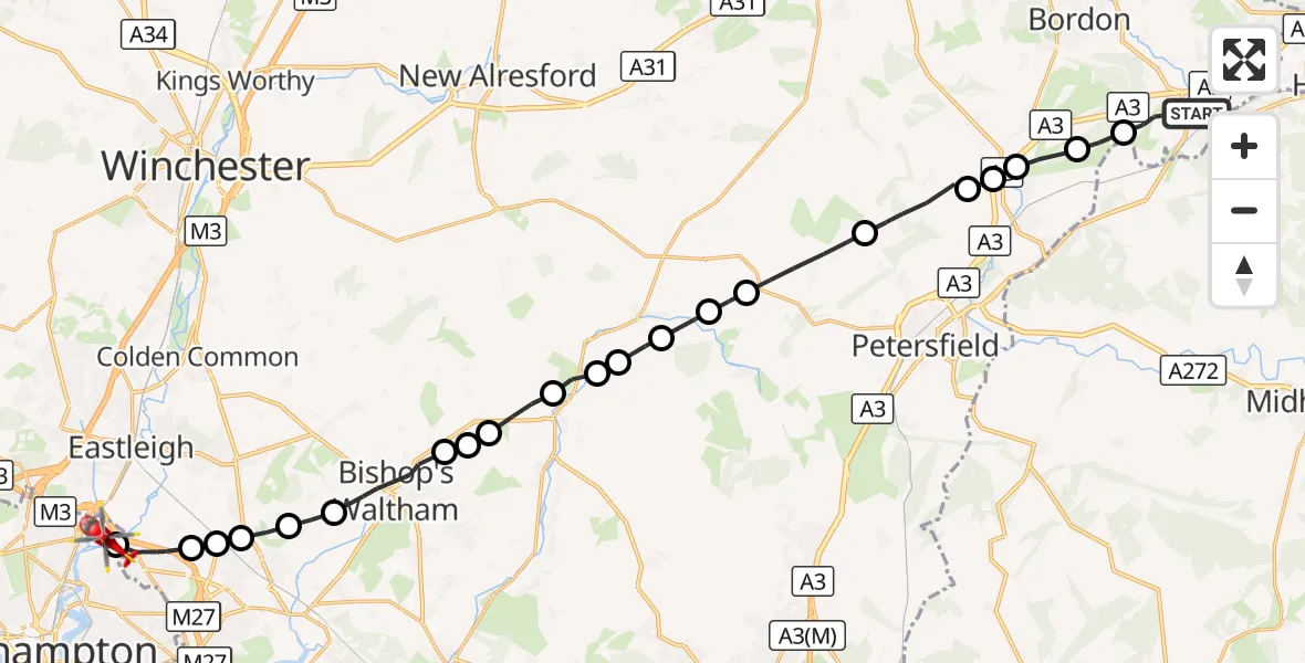 Flight route Air Ambulance Helicopter Liphook - Mansbridge, 08 September 2026, 14:17
