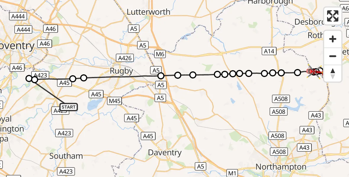 Flight route Air Ambulance Helicopter Rugby - Old, 08 September 2026, 14:28
