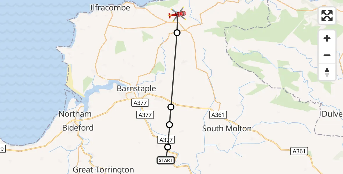 Flight route Air Ambulance Helicopter High Bickington - North Devon, 08 September 2026, 14:50