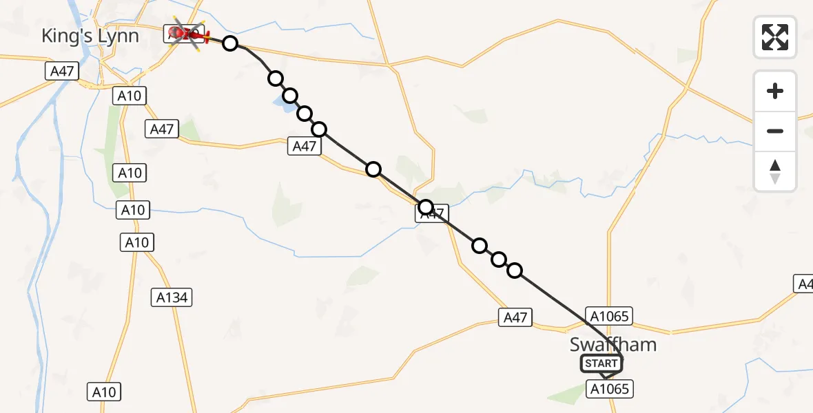 Flight route Air Ambulance Helicopter Swaffham - King's Lynn and West Norfolk, 08 September 2026, 15:02