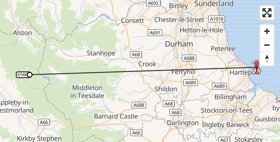 Flight route Air Ambulance Helicopter Milburn - North Sea, 08 September 2026, 15:14