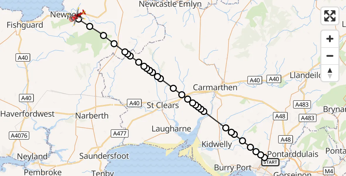 Flight route Air Ambulance Helicopter Dafen - Nanhyfer / Nevern, 08 September 2026, 15:14