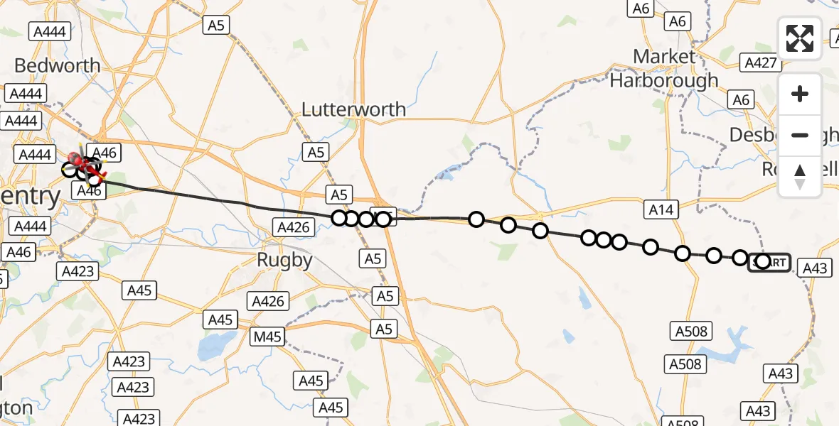 Flight route Air Ambulance Helicopter Loddington - Walsgrave, 08 September 2026, 15:15