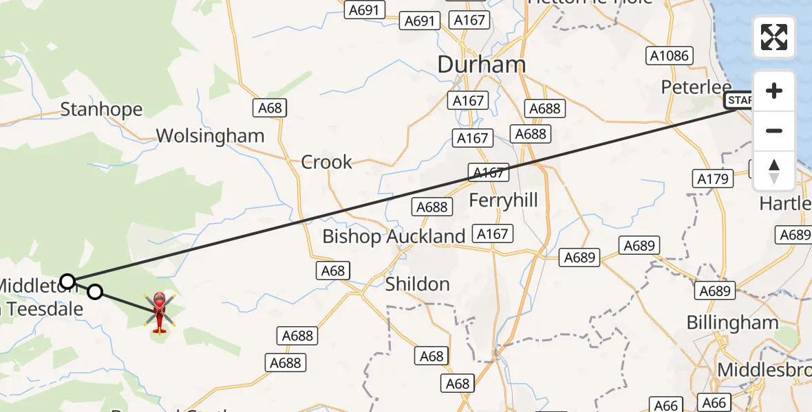 Flight route Air Ambulance Helicopter Blackhall Colliery - Langleydale and Shotton, 08 September 2026, 15:17