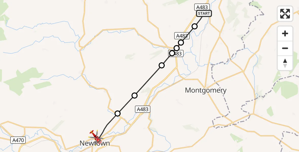 Flight route Air Ambulance Helicopter Welshpool Airport - Newtown, 08 September 2026, 15:22