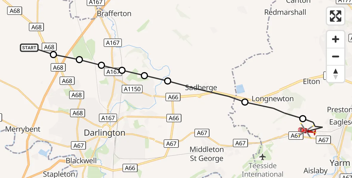 Flight route Air Ambulance Helicopter Walworth Gate - Egglescliffe, 08 September 2026, 15:23