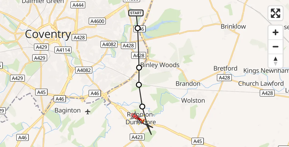 Flight route Air Ambulance Helicopter University Hospital Coventry - Rugby, 08 September 2026, 15:52