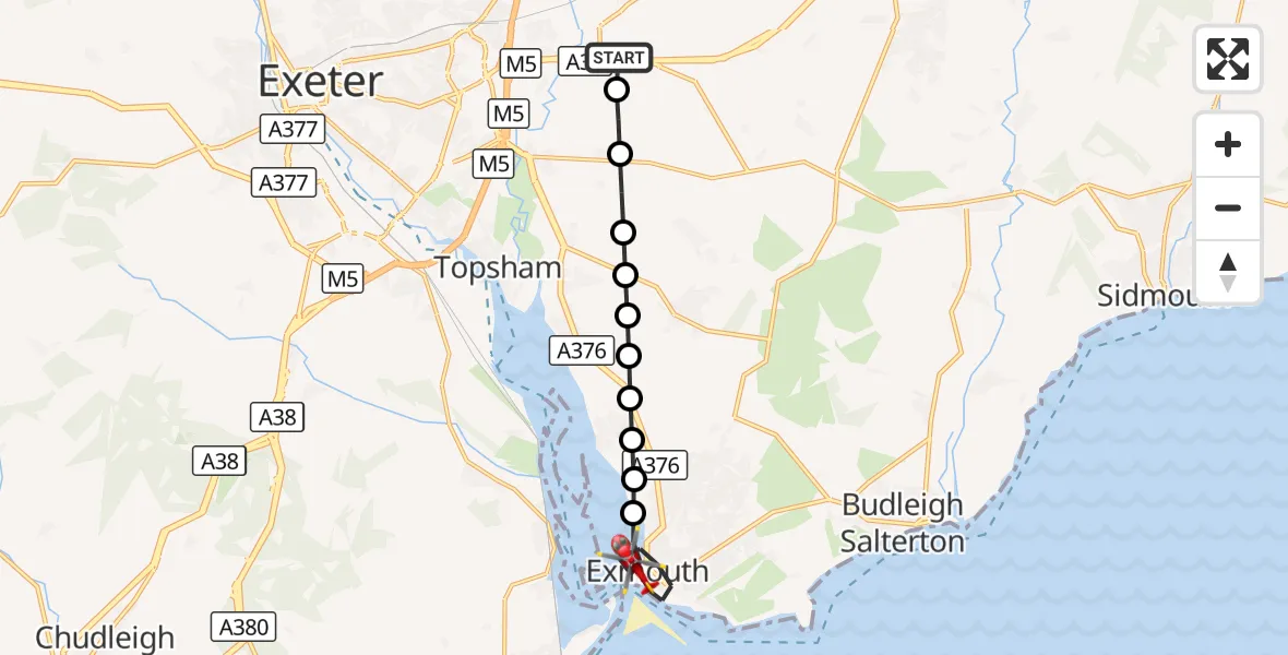 Flight route Air Ambulance Helicopter Exeter International Airport - Exmouth, 08 September 2026, 16:05