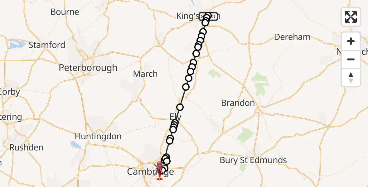 Flight route Air Ambulance Helicopter Queen Elizabeth Hospital - Cambridge City Airport, 08 September 2026, 16:06